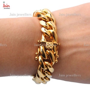 18 Kt, 22 Kt Hallmark Certified Real Solid Yellow Gold Handmade Miami Cuban Link Chain Men&#39;s Bracelet Wide 10MM (Custom Length Available)