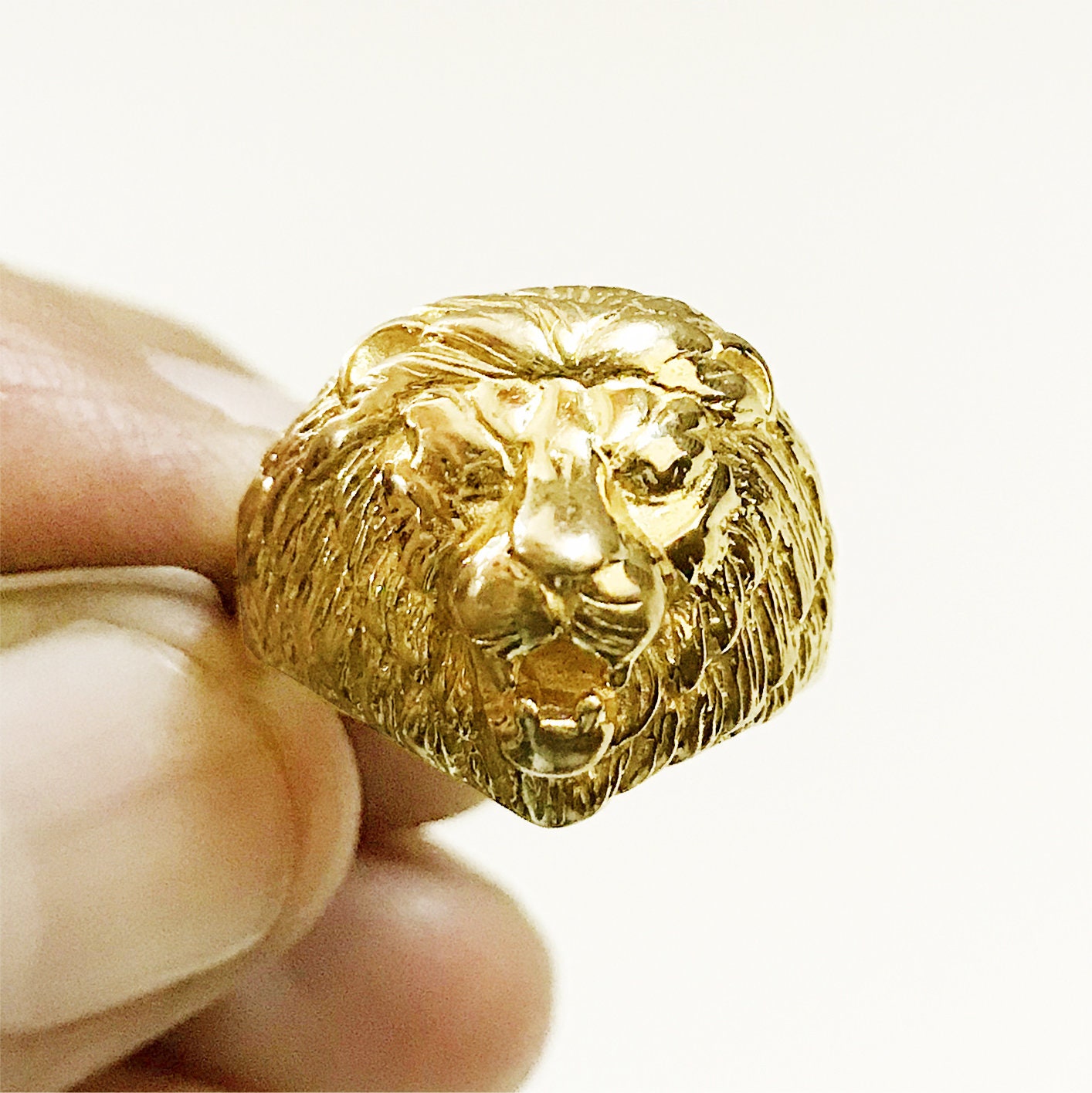 18K 22K Real Solid Yellow Gold Lion Face Ring Hallmark Handmade