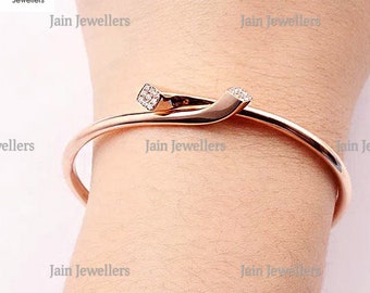 14Kt Rose Gold Cuff Bracelet: Handmade Cubic Zirconia Women's Bangle