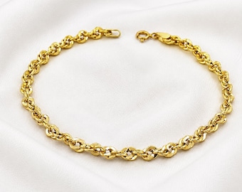 14K 18K 22K Solid Gold Rolo Link Bracelet, Handmade Round Link Chain Bracelet, Unisex Fine Jewelry