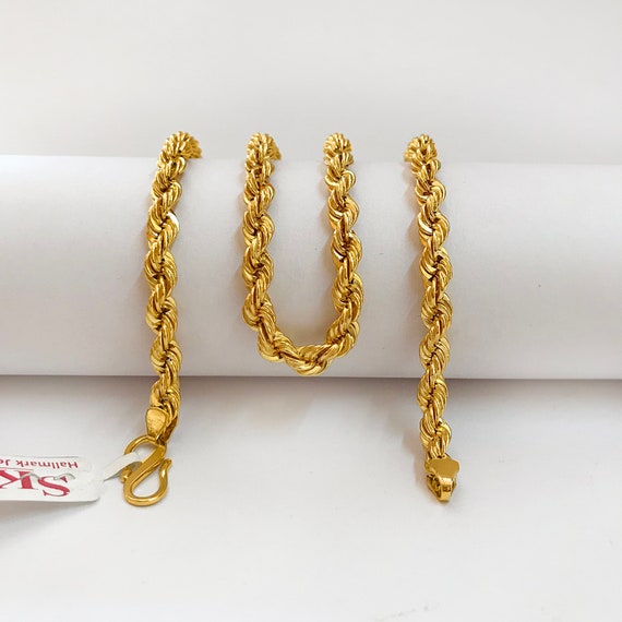 18K, 22K Yellow Gold Silken Rope Chain Bracelet, Hallmark Stamped Handmade Semi Solid Unisex 18K Rope Style Gold Bracelet, Valentine Gift