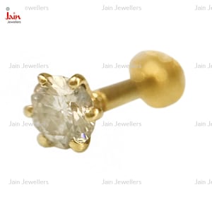 18Kt Yellow Real Gold Diamond Nosepin , Hallmark Stamped 0.23Ct K/I Authentic Diamond Nose Bone Pin Piercing Lip Ring for Women