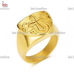 18K, 22K Real Solid Yellow Gold Cross Ring, Hallmark Handmade Unique Religious Statement Ring For Men