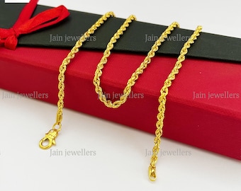 Cadena de cuerda de oro amarillo macizo de 22 quilates con corte de diamante - 3 mm de ancho