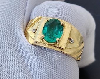 Smaragdgroene zegelring: 925 sterlingzilver, 14k verguld - Art Deco herenring