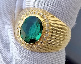 Smaragdgroene zegelring: 925 sterlingzilver, 14k verguld - Art Deco herenring
