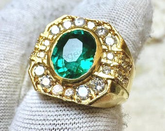 14Kゴールドメッキエメラルドリング：925スターリングシルバーの宝石 