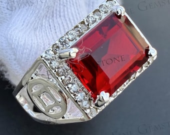 Emerald Cut Garnet Ring: Art Deco 925 Sterling Silver Men's Jewelry
