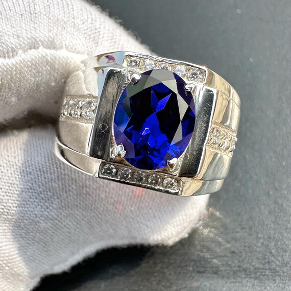 Bague saphir bleu pour homme pierre précieuse ovale, argent