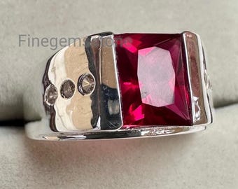 Emerald Cut Garnet Ring Men: 925 Sterling Silver Art Deco Style
