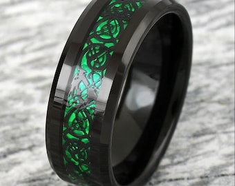 Black Tungsten Ring with Green Celtic Dragon and Black Inner Band with Beveled Edges; FREE Engraving