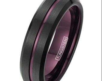 Men's Black Tungsten Ring with Plum Purple Stripe and Inner Band with Beveled Edges; Personalized; FREE Engraving