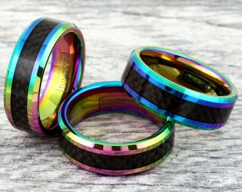 Rainbow Tungsten Ring with Carbon Fiber and Beveled Edges; Personalized; FREE Engraving