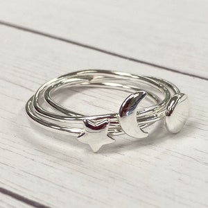 Celestial Rings; Sun, Moon, and Stars Ring Set; 925 Sterling Silver