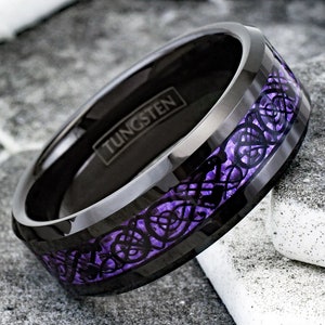 Black Tungsten Ring with Purple Celtic Dragon and Black Inner Band with Beveled Edges; FREE Engraving