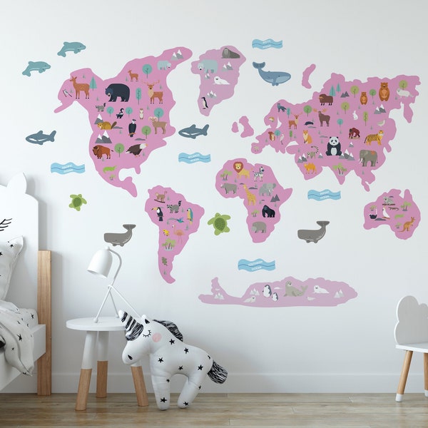 Pink Map Wall Sticker, World Map Decal, Earth Geography, Kids Etsy UK