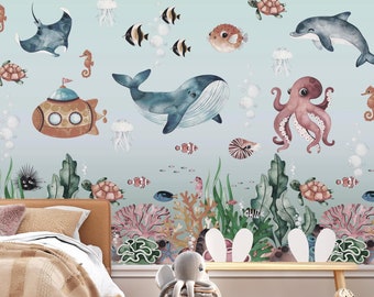 Ocean Mural Wallpaper, Sea Whale Wall Mural, Children's Wallpaper, Kids Nursery Decor, Fish Wallpaper, Whale, Baby Shark Wallpaper, Deco