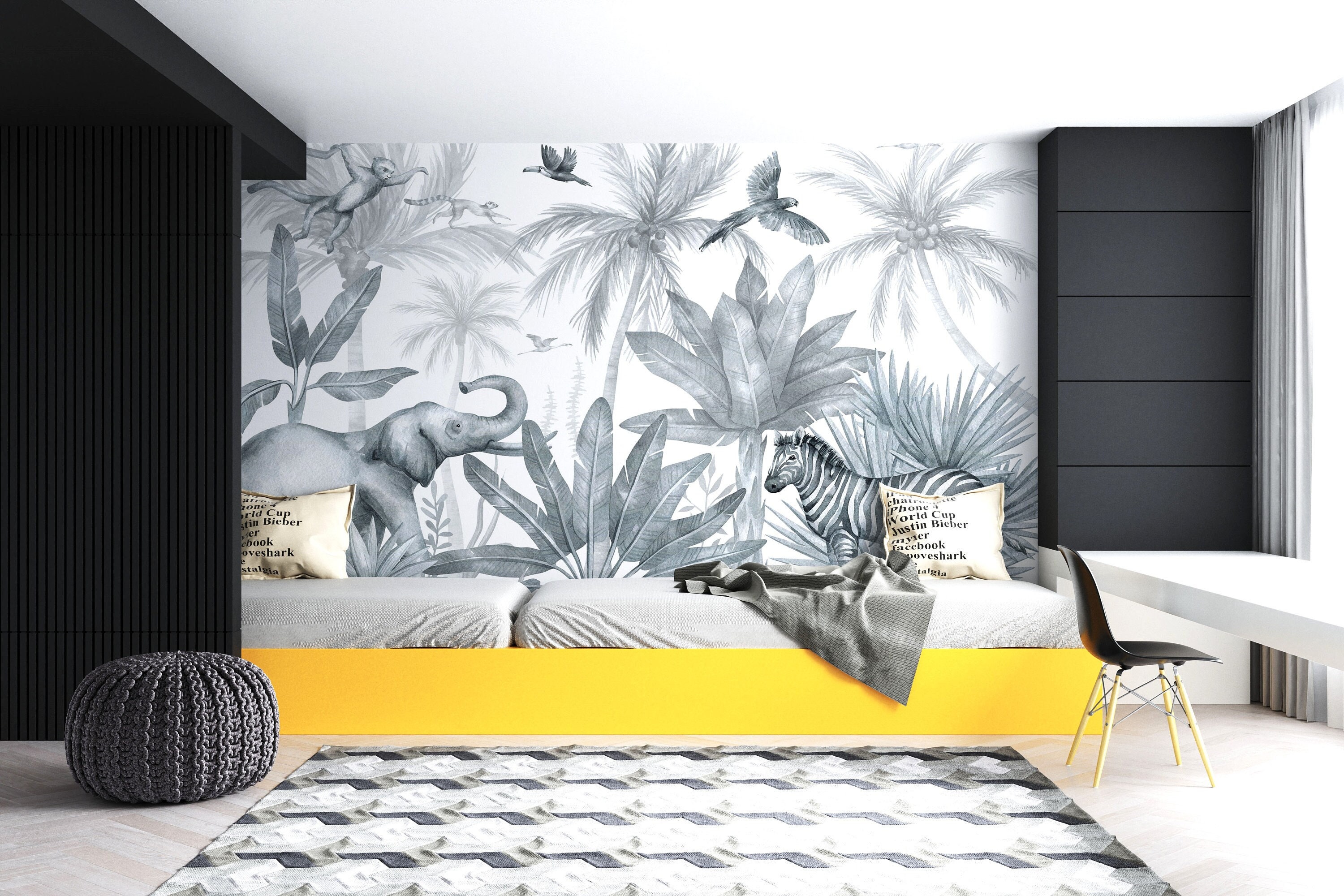 Safari Monochrome Wallpaper, Jungle Wall Mural, Nursery Jungle Animals