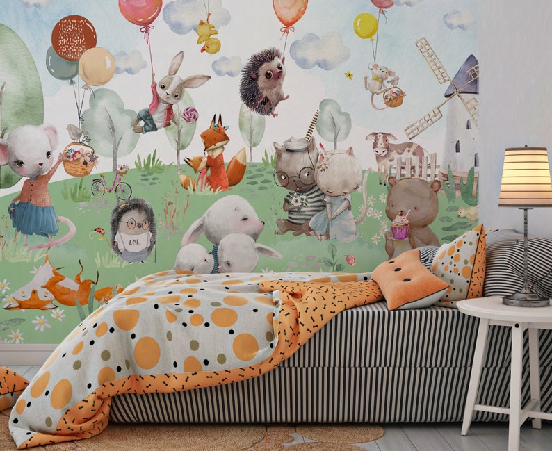 Animals Mural Wallpaper Nursery Wallpaper Nursery Farm Etsy