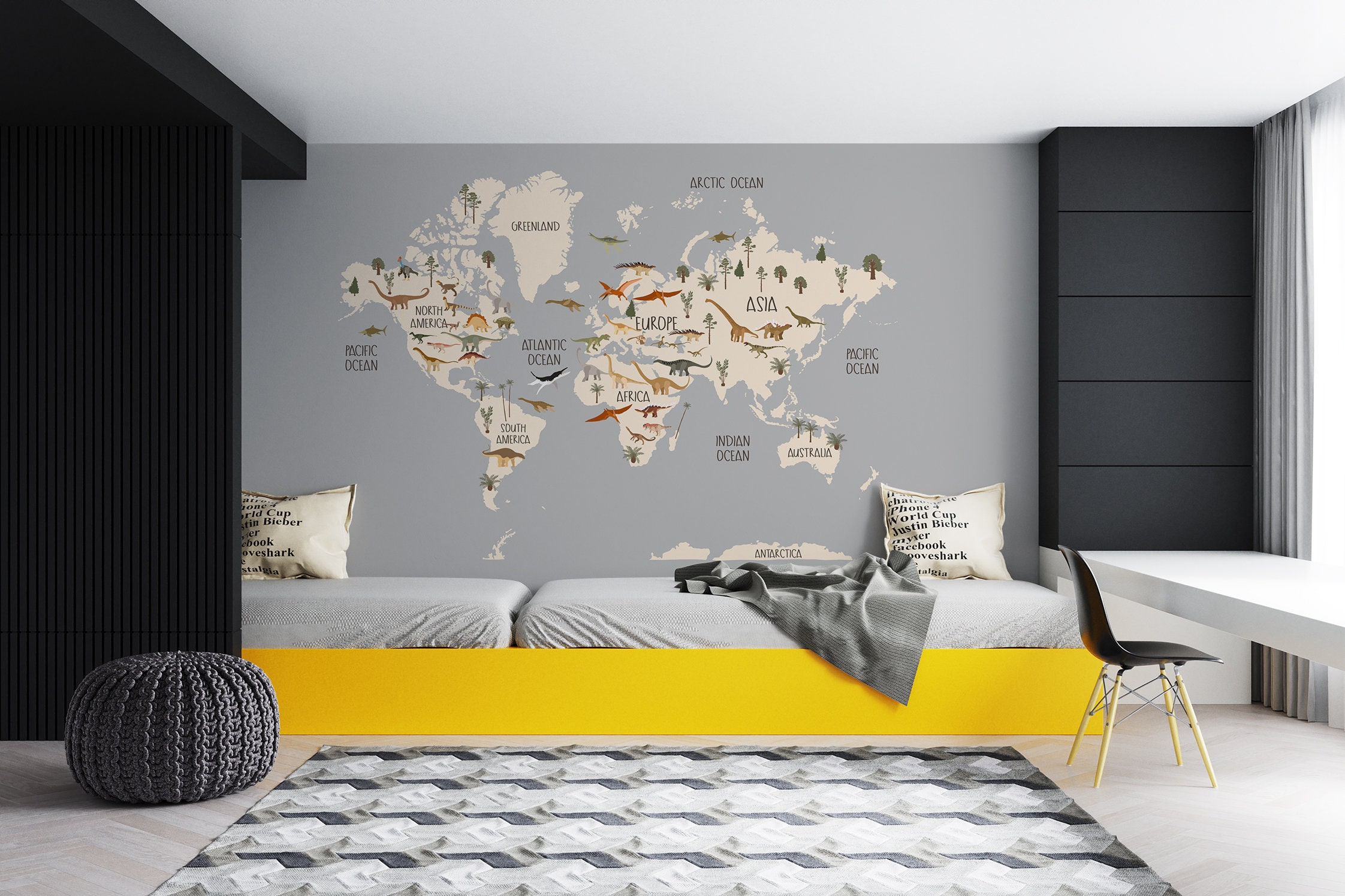 Dinosaur Bedroom Wallpaper, World's Map Wallpaper, Nursery Wallpaper