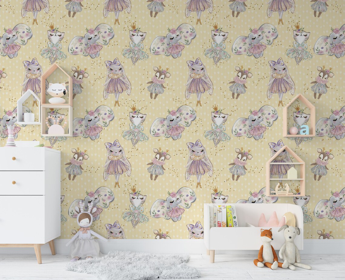 Girls Nursery Wallpaper Animals Wallpaper Princess Wall Etsy UK