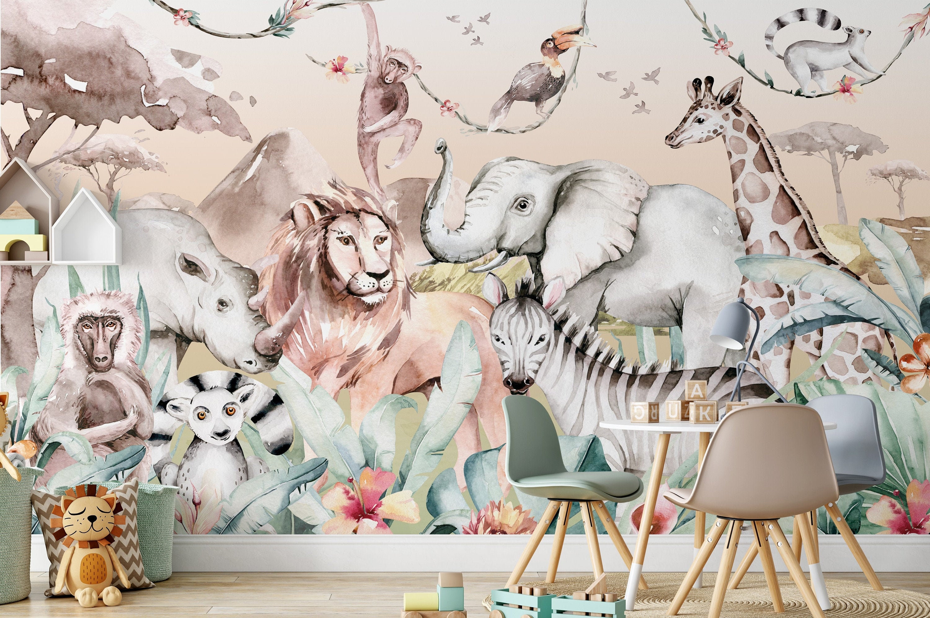 BOHO Mural Wallpaper, Safari Wall Mural, Nursery Jungle Animals
