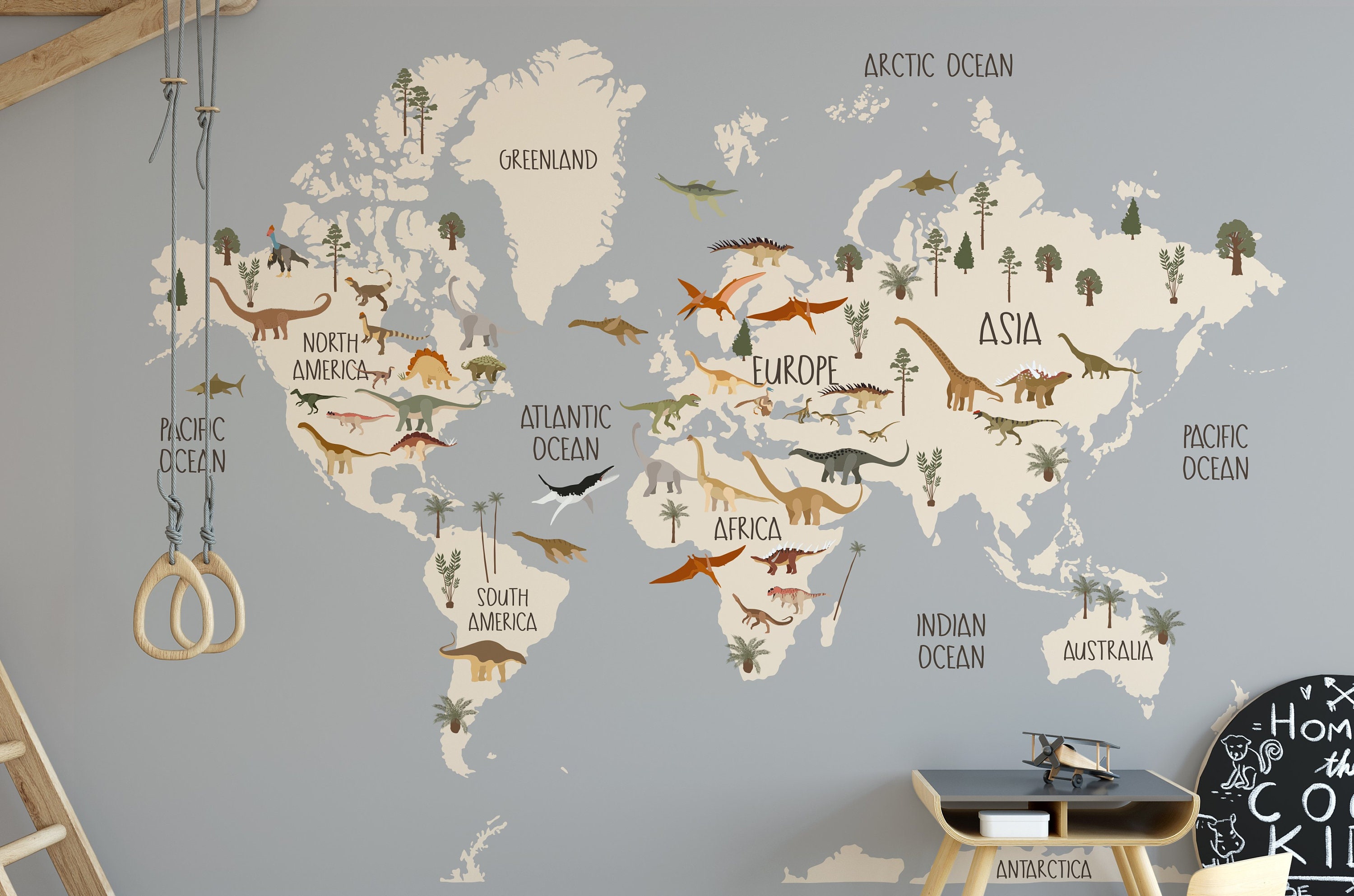 Dinosaur Bedroom Wallpaper, World's Map Wallpaper, Nursery Wallpaper