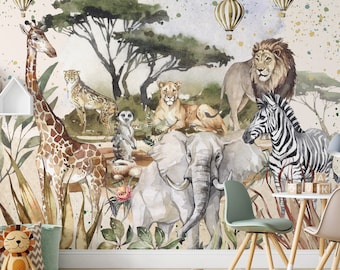 Safari Wallpaper, Jungle Wall Mural, Nursery Jungle Animals, Nursery Decor, Kids Wallpaper