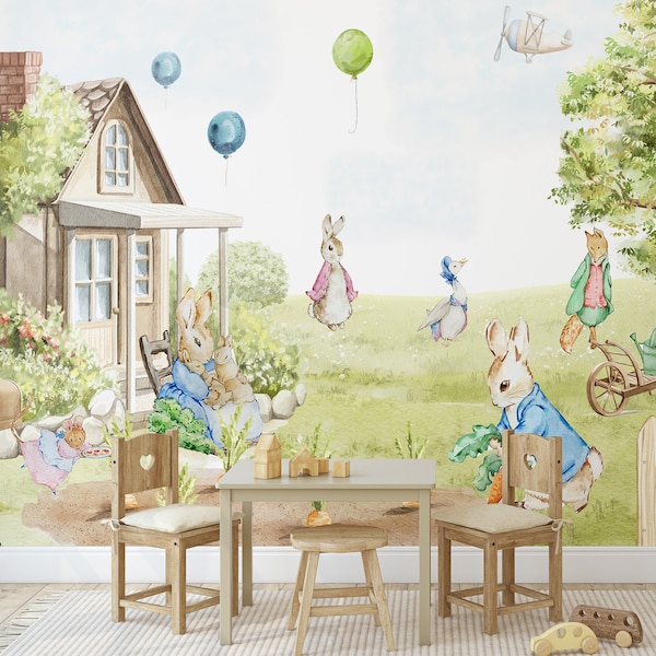 Peter Rabbit Wallpaper, Rabbit Wall Decor, Nursery Wallpaper, Boys Peter Rabbit Decor