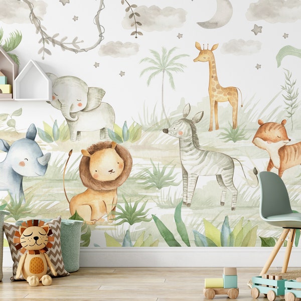 Safari Wallpaper, Jungle Wall Mural, Nursery Jungle Animals, Nursery Decor, Kids Wallpaper