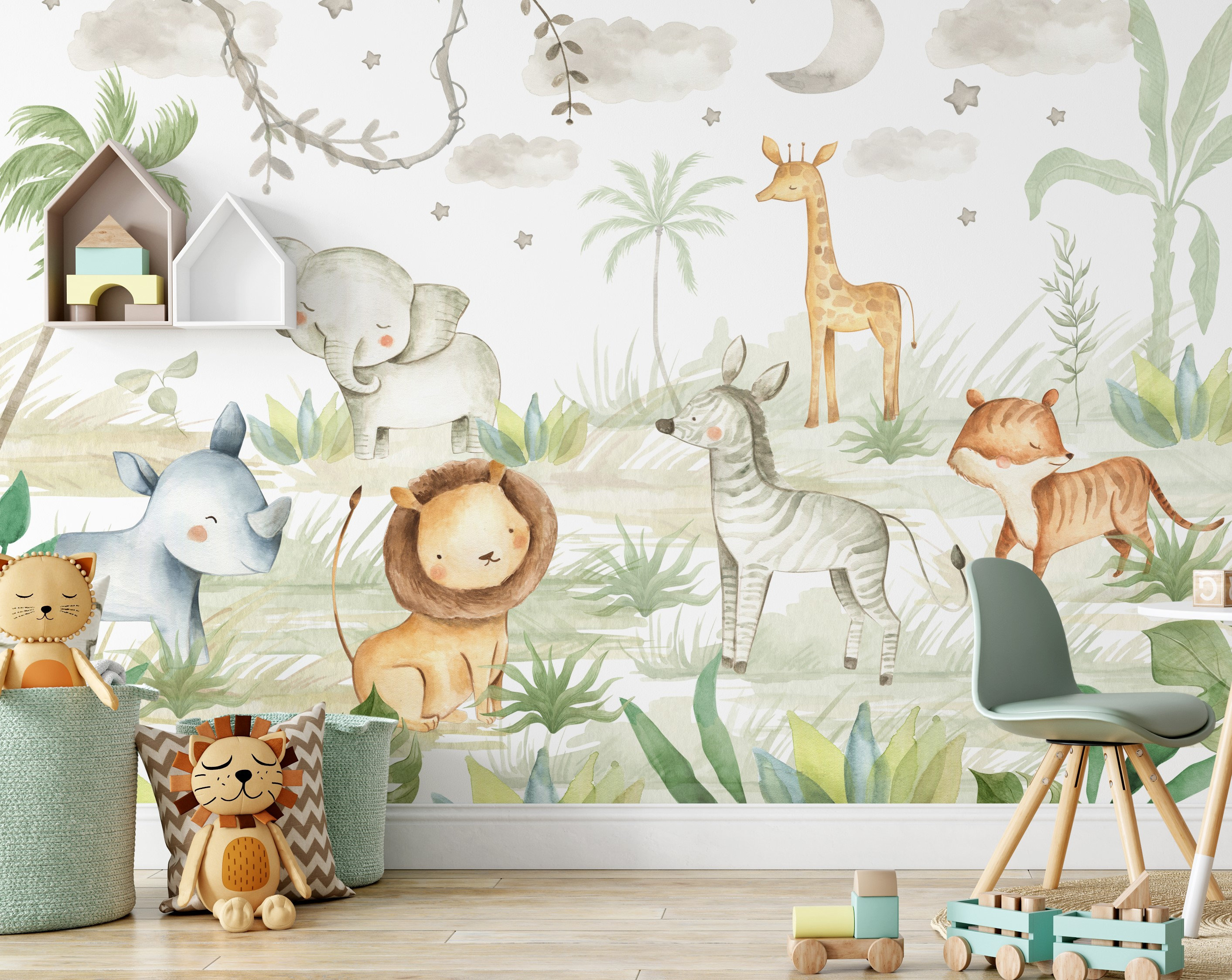 Safari Wallpaper Jungle Wall Mural Nursery Jungle Animals Etsy UK