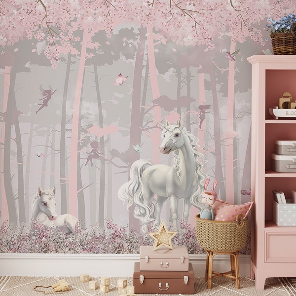 Girl's Unicorn Wallpaper, Kids Wallpaper, Nursery Woodland Decor, Nursery Decor, Kids Room Decoration, Nursery Wall Mural, Kids Wallpaper