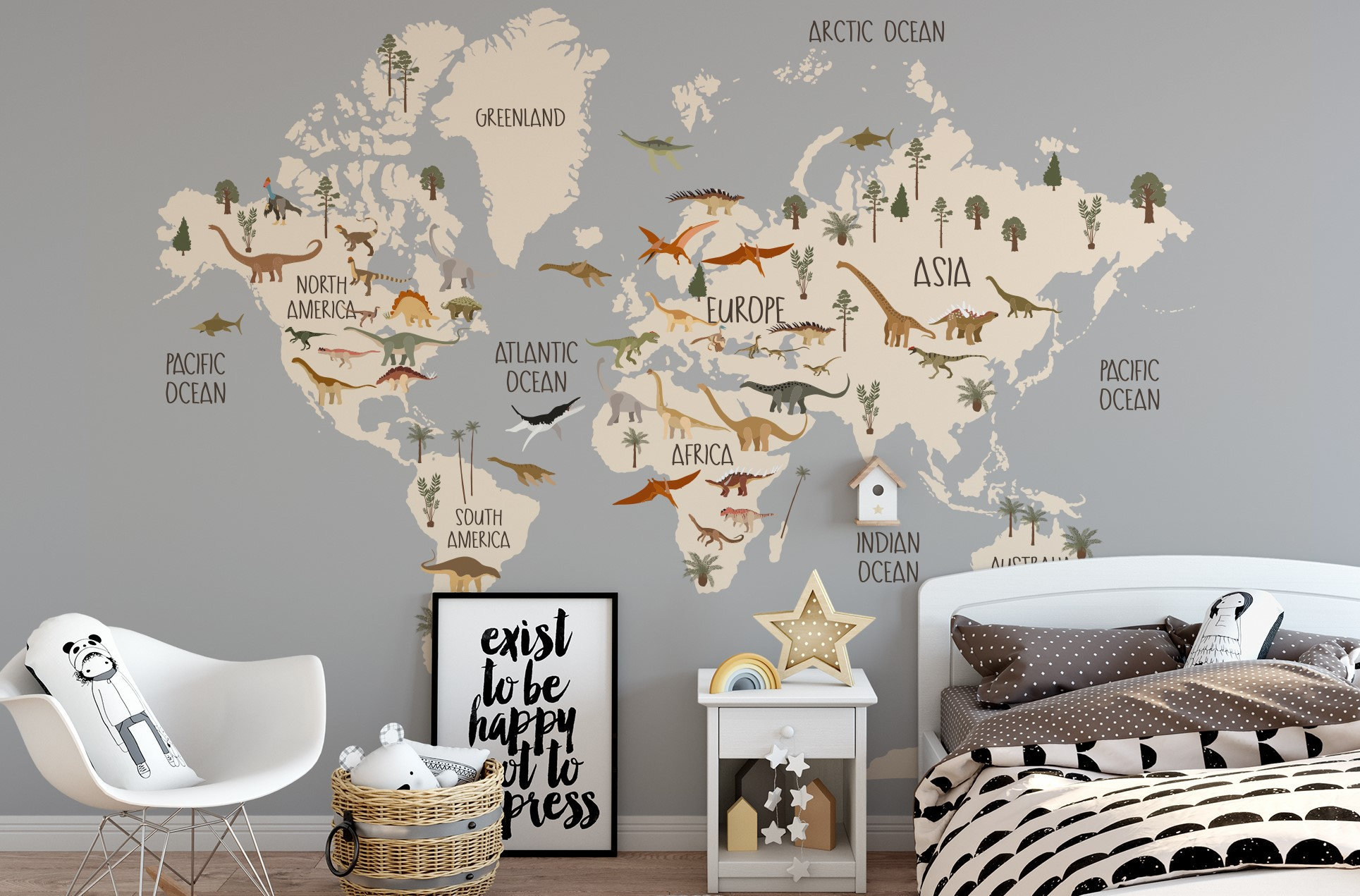 Dinosaur Bedroom Wallpaper, World's Map Wallpaper, Nursery Wallpaper