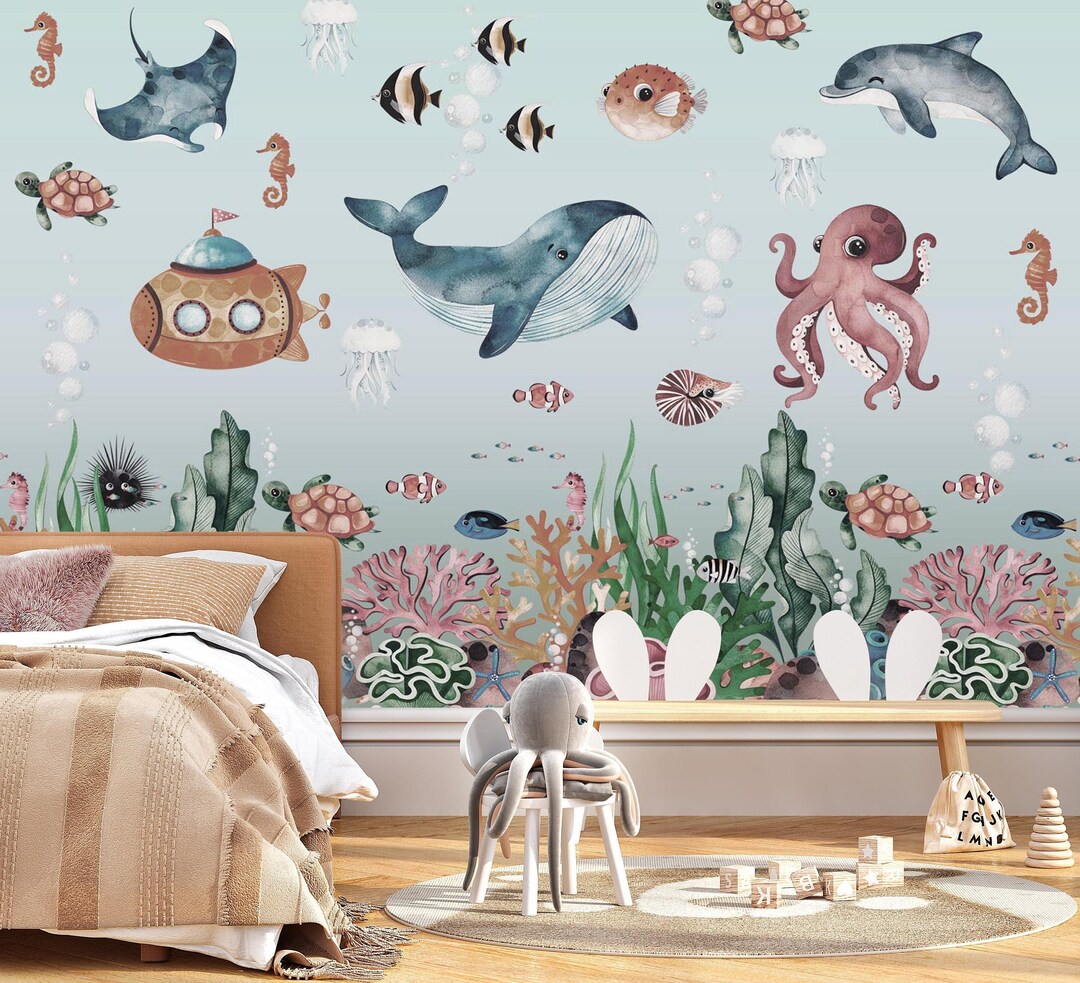 Ocean Mural Wallpaper, Sea Whale Wall Mural, Children's Wallpaper, Kids Nursery Decor, Fish ...