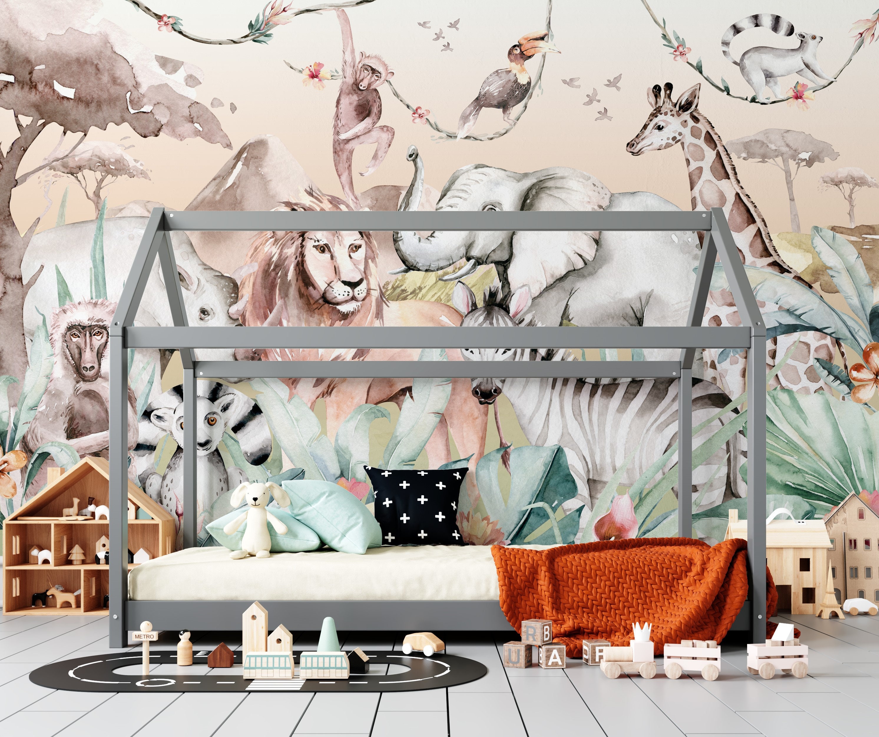 BOHO Mural Wallpaper, Safari Wall Mural, Nursery Jungle Animals