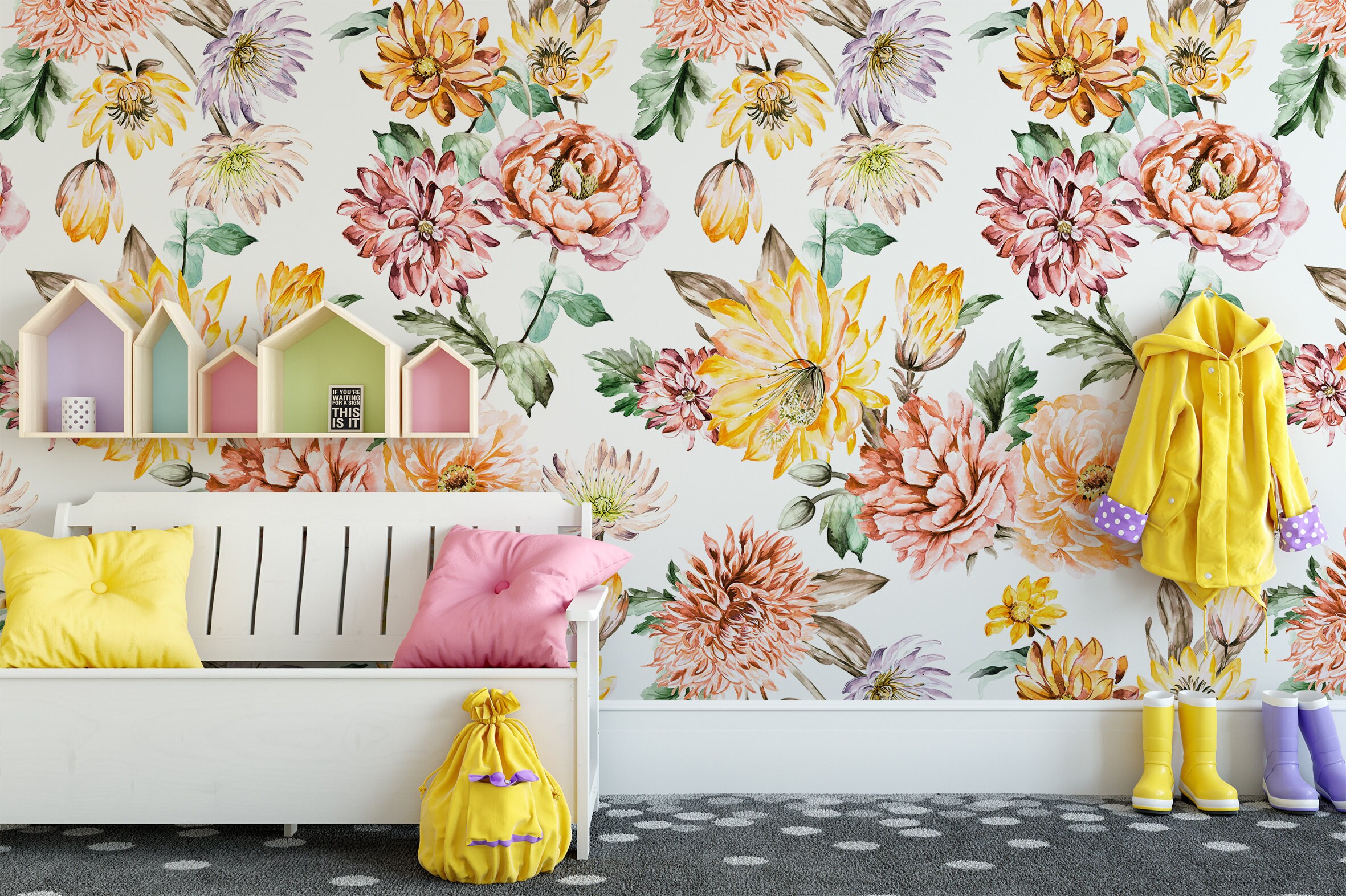 Boho Wall Mural , Spring Flowers Mural Wallpaper, Flower Wall Mural
