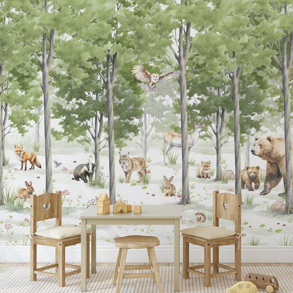 Woodland Creatures Wallpaper, Bear, Fox Wall Mural, Nursery Woodland Animals, Nursery Decor, Kids Wallpaper