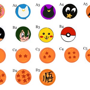 May include: A set of 18 round stickers featuring various cartoon characters and symbols. The stickers are arranged in a grid of five columns and four rows. The stickers are all different colours and feature a variety of characters, including a cat, a dog, a bird, a dragon, and a star. The stickers are all about 5 cm in diameter.