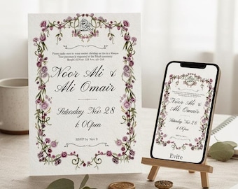 Plantilla elegante de invitación para Nikkah, invitación de boda islámica, tarjeta digital de boda musulmana, plantilla editable de Canva, invitación floral para Nikkah Shaadi.