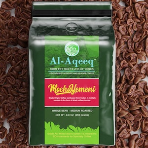 Al-Aqeeq Authentic Yemen Coffee| Mocha-Yemeni Whole Bean| Single-Origin| Freshly-Roasted| The Perfect Coffee Gift| Medium-Roasted