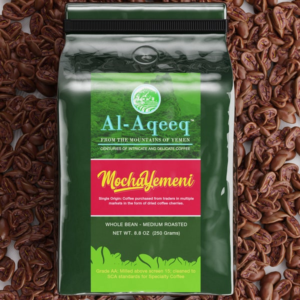 Al-Aqeeq Authentic Yemen Coffee| Mocha-Yemeni Whole Bean| Single-Origin| Freshly-Roasted| The Perfect Coffee Gift| Medium-Roasted