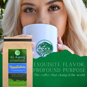 May include: A brown paper bag with a white label that reads "Al-Aqeeq" and "HaraazFairValue". The bag contains whole bean, medium roasted coffee. The text on the label also says "From the Mountains of Yemen" and "The coffee that changed the world".