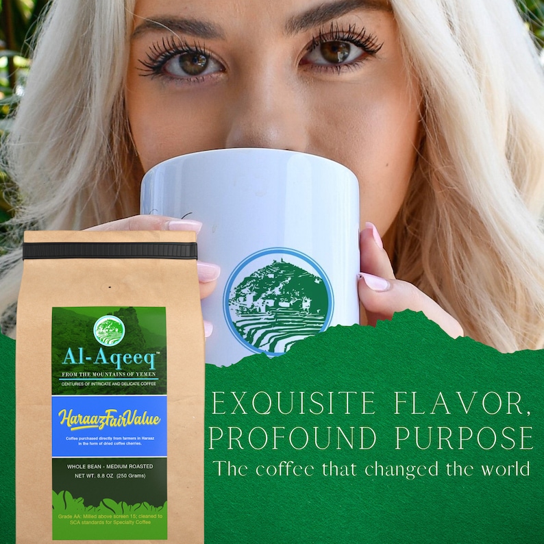 May include: A brown paper bag with a white label that reads "Al-Aqeeq" and "HaraazFairValue". The bag contains whole bean, medium roasted coffee. The text on the label also says "From the Mountains of Yemen" and "The coffee that changed the world".