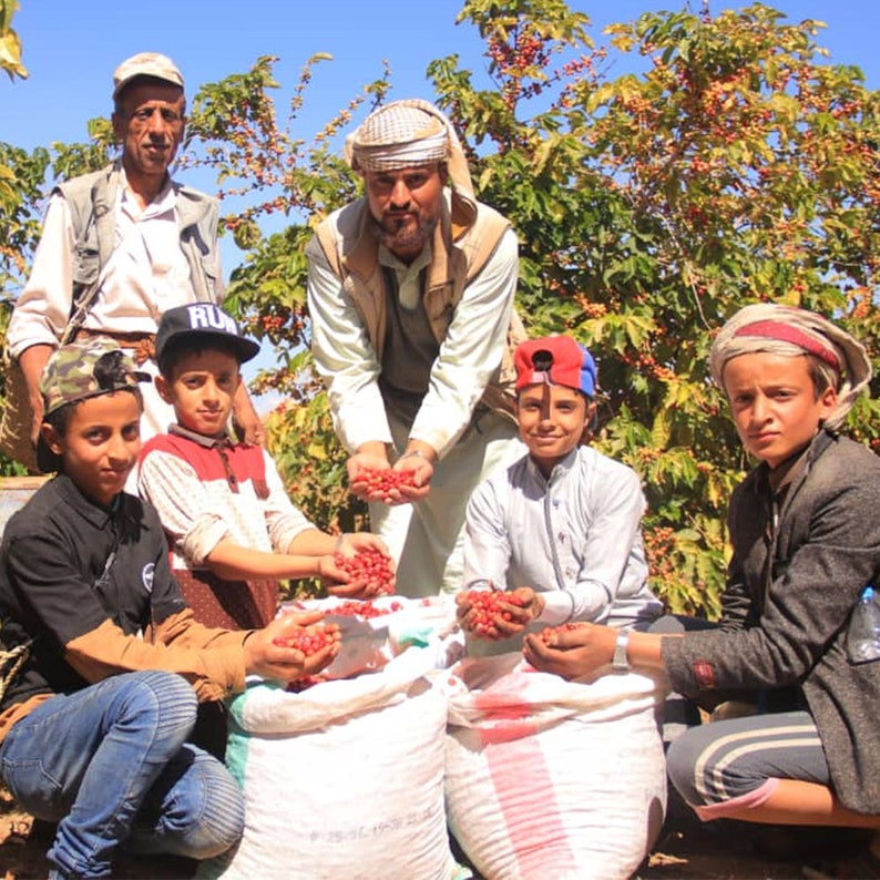May include: A group of people, including children, are harvesting red coffee beans in a field. They are holding sacks of coffee beans and smiling.