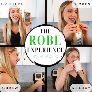 May include: A collage of four images showing the steps to make coffee. The first image shows a person holding a bag of coffee beans. The second image shows a person opening the bag of coffee beans. The third image shows a person brewing coffee in a coffee maker. The fourth image shows a person drinking a cup of coffee. The text "THE ROBE EXPERIENCE BY: AL-AQEEQ" is in the centre of the collage.