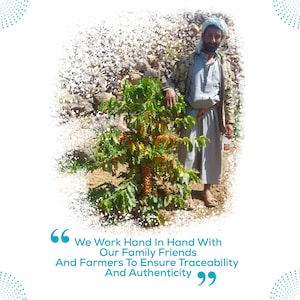 May include: A man stands next to a coffee plant with red coffee beans. The quote "We work hand in hand with our family friends and farmers to ensure traceability and authenticity" is written below the image.