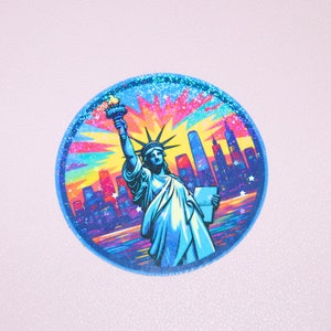 Adesivo holográfico colorido da Estátua da Liberdade - Adesivo NYC - Laminado com glitter