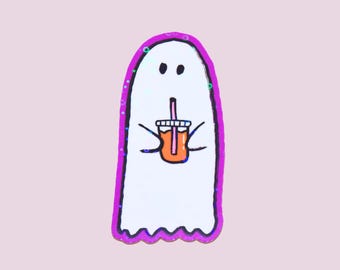 Coffee Lovin Ghost Sticker - Holographic - Cozy Fall Sticker - Kindle - Spooky Season - Boo Basket Gift - Iced Coffee - Book Club Gift