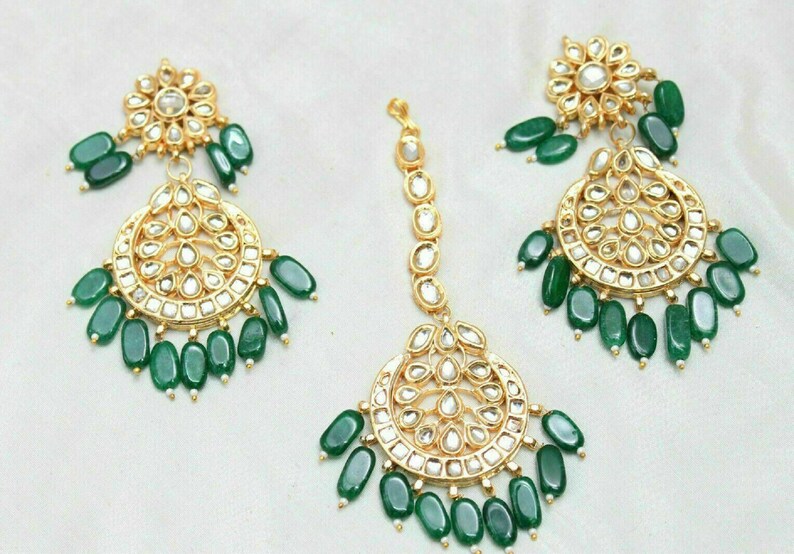 Bollywood Wedding Gold Plated Pearls Designer Kundan Earrings-Maang Tikka Jewelry Set For Women jewelry Vihan INDIAN KUNDAN EARRINGS