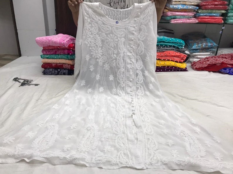 Free Inner Georgette ChIkAnKaRi A Line Pearl Angarkha Women Kurta Kurti Free Shipping Sz 38,40,42